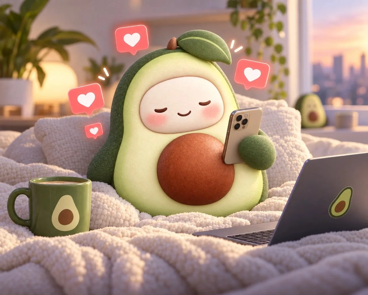 The $AVOCADO mascot in bed scrolling a phone while little heart notifications float around it